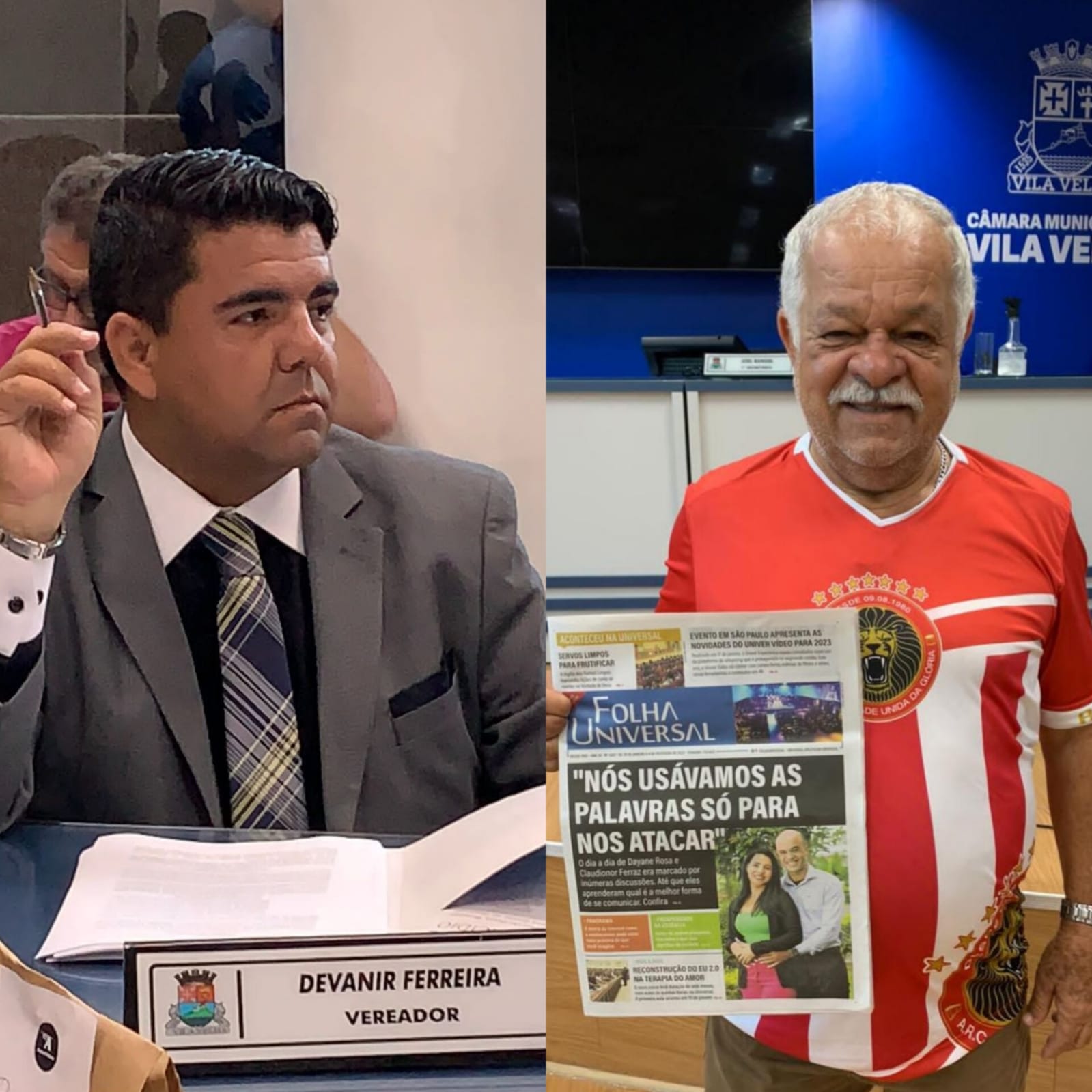 Presidente de escola de samba recebe jornal Folha Universal das mãos de Devanir Ferreira